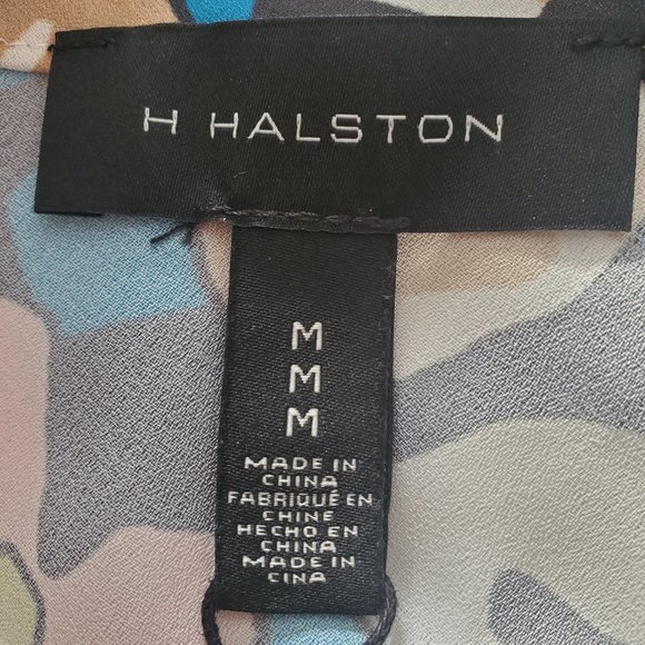 HALSTON Cowl Neck Blouse Teal Blue Black Neutral Colours Ditsy Geometric Print - Picture 4 of 4